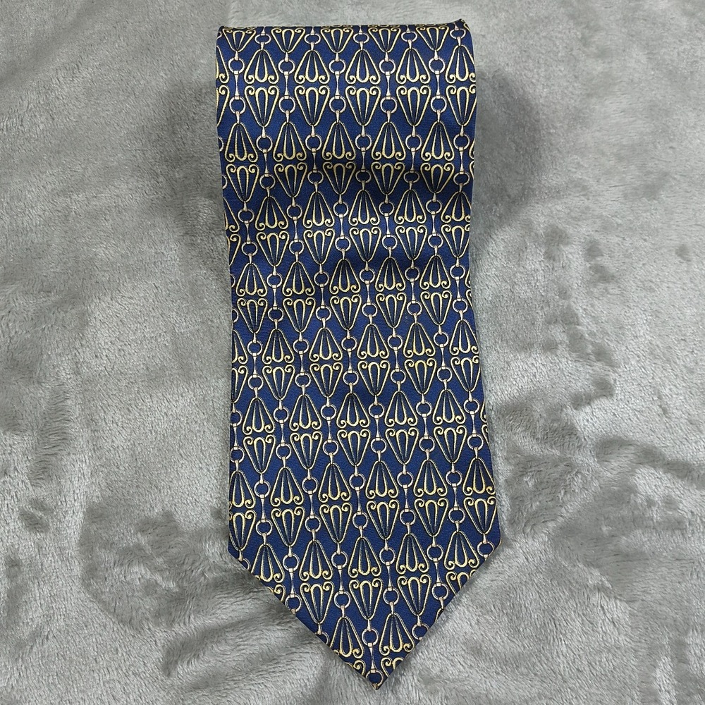 Vintage Paolo Gucci Tie Blue Gold Equestrian Horsebit Italy Silk Luxury 56.5x4